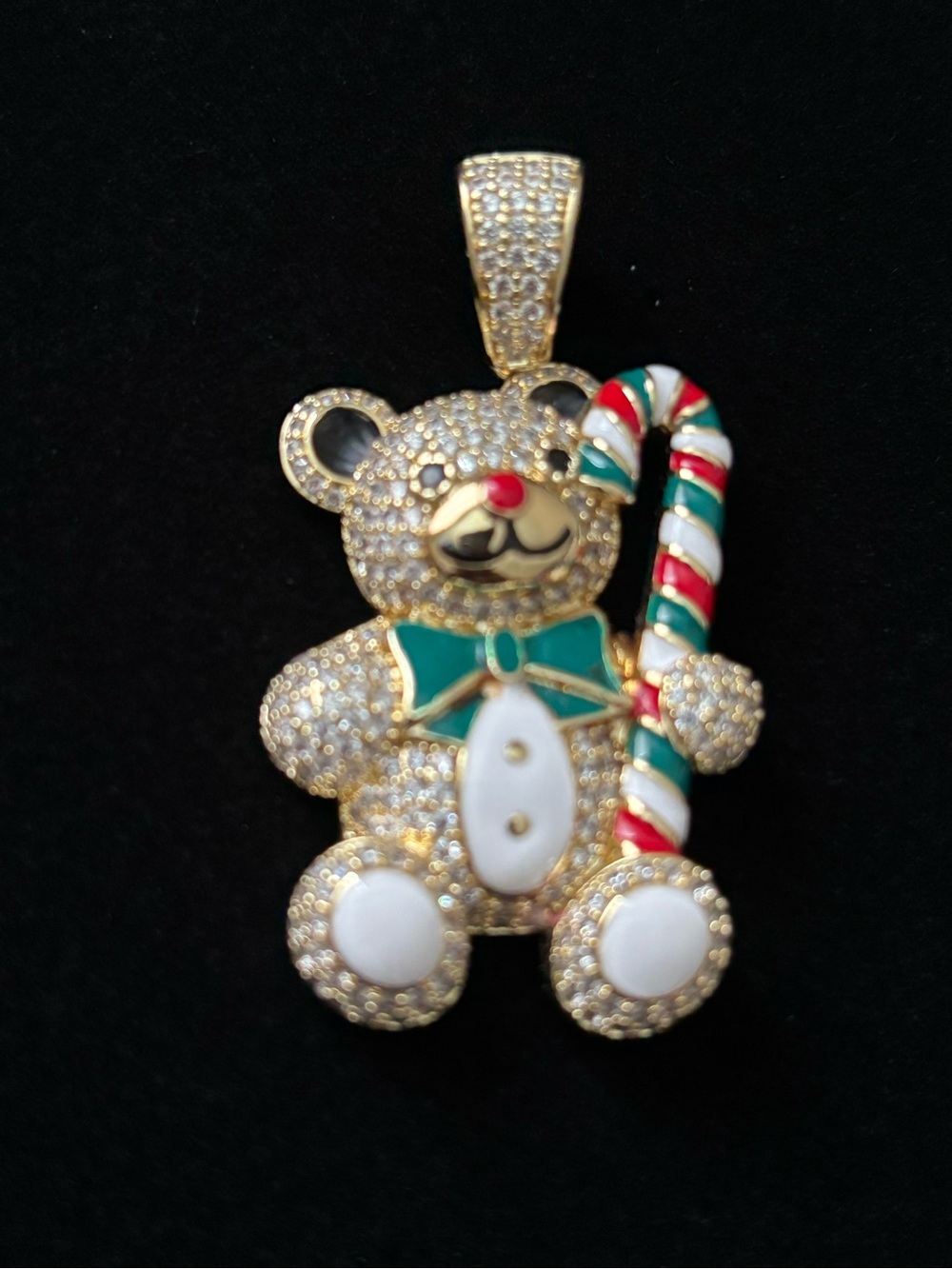 Gold Plated Teddy Bear Pendant with Green Bow and Candy Cane Accent
